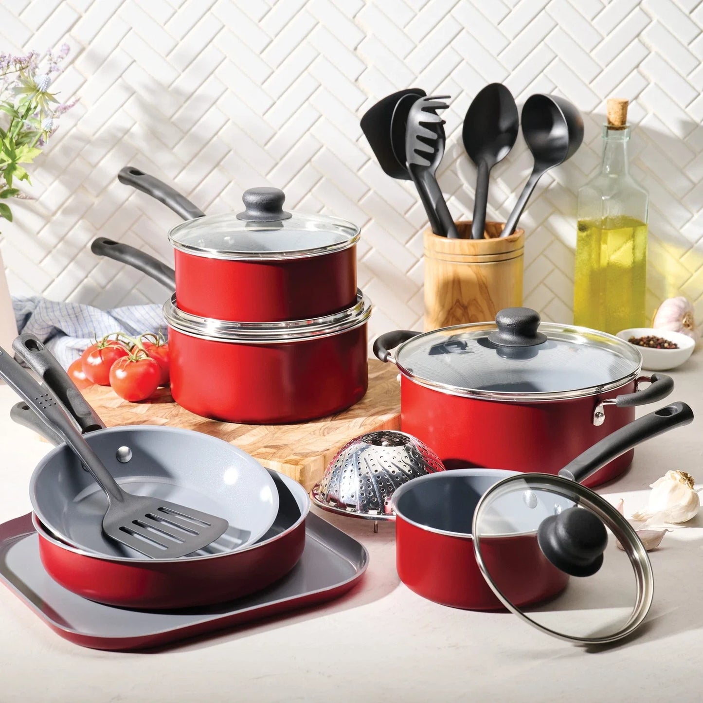 18 Piece CERAMIC Cookware Set, Red